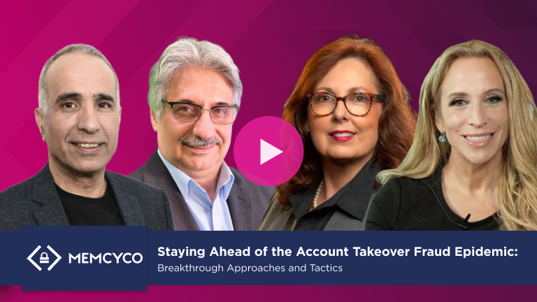 Four professionals are shown side by side with a play button overlay. Text below reads: "Staying Ahead of the Account Takeover Fraud Epidemic: Breakthrough Approaches and Tactics in fraud prevention and cybersecurity.