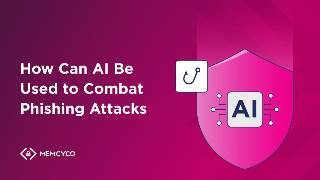 A pink graphic with the text "How Can AI Be Used to Combat AI Phishing Attacks," featuring a shield with an AI icon and a phishing hook symbol.