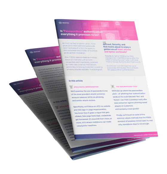 A stack of three informational brochures, with the top one titled “Is ‘Passwordless’ authentication everything it promises to be?” displayed prominently in pink and white—perfect for your next Survey Landing Page.