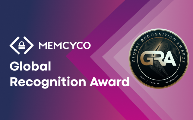 Memcyco logo and text "Global Recognition Award" on a purple gradient, highlighting Memcyco's ATO fraud protection beside the circular Global Recognition Awards emblem marked "GRA".