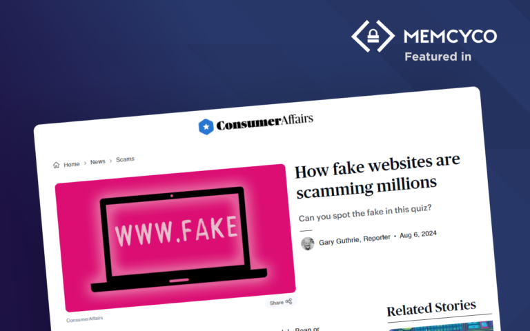 A computer screen with "WWW.FAKE" displayed, illustrating a ConsumerAffairs article titled "How fake websites are scamming millions through online scams.