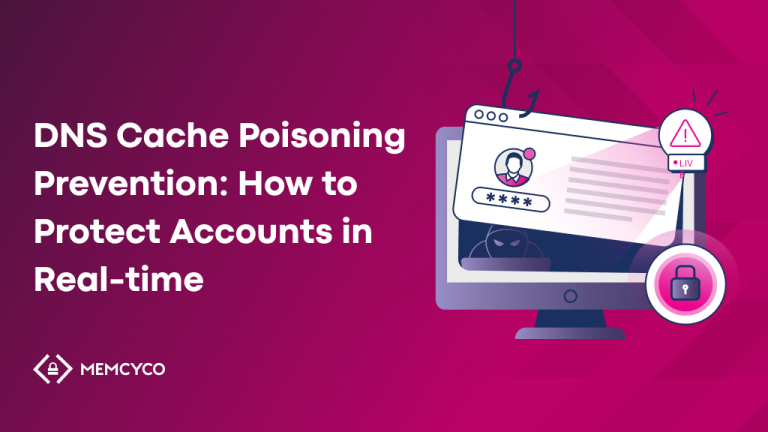 A graphic showing a computer monitor with a phishing hook and warning icon, illustrating DNS cache poisoning prevention and real-time account protection against online threats.